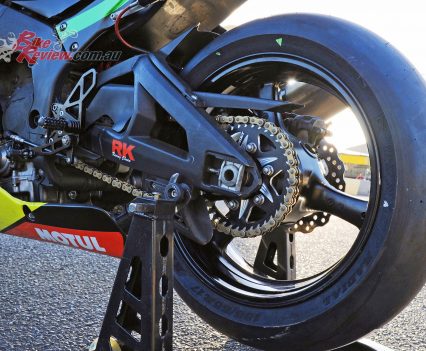 Mike Jones's 2015 ASBK ZX-10R, standard swingarm, sprockets/final gearing varies track to track