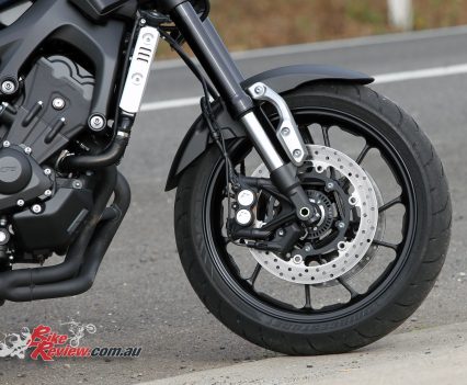 2016 Yamaha XSR900 - Dual 298mm front rotors, four-piston calipers, ABS