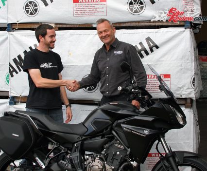 Kris from BikeReview.com.au gets the keys to the 2017 Yamaha MT-07 Tracer Long Termer from Yamaha's Sean Goldhawk