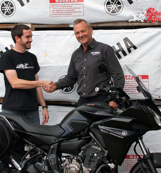 Kris from BikeReview.com.au gets the keys to the 2017 Yamaha MT-07 Tracer Long Termer from Yamaha's Sean Goldhawk