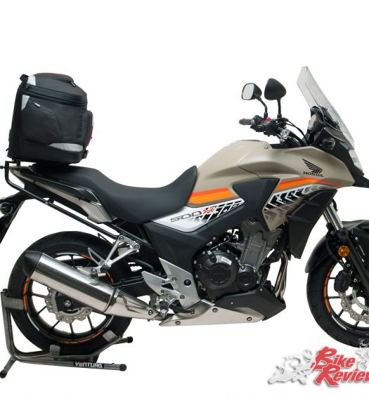 EVO40 Kit on the CB500X with the bag fitted over the pillion seat for weight centralisation