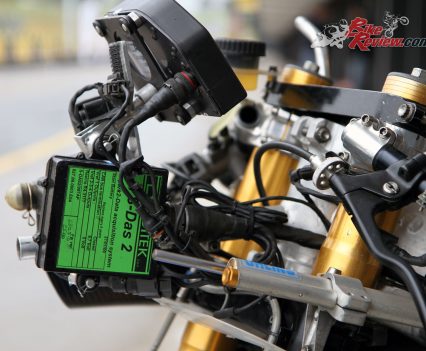 Front mounted ECU unit and an Ohlins steering damper.