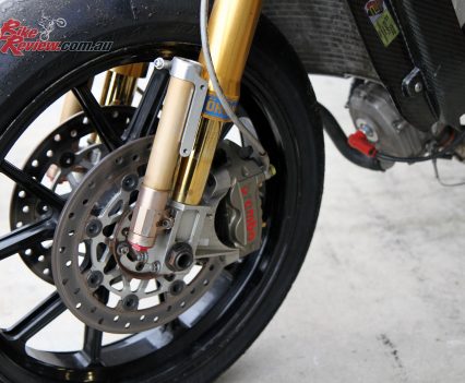 Ohlins forks with external chambers.