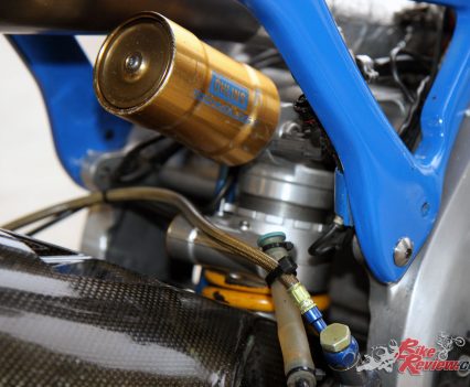 The original Ohlins TTX rear shock that the bike was raced with.