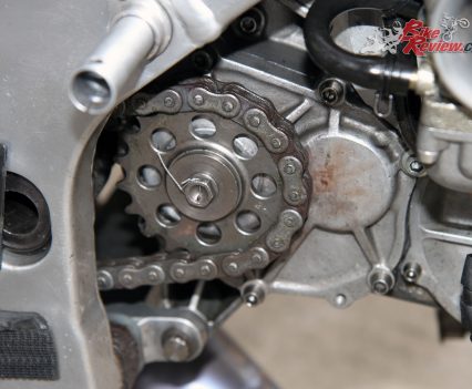 Countershaft drive on the right with clutch on the left.