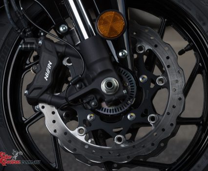 New four-piston Nissin radial mount two-piece calipers offer good bite and modulation