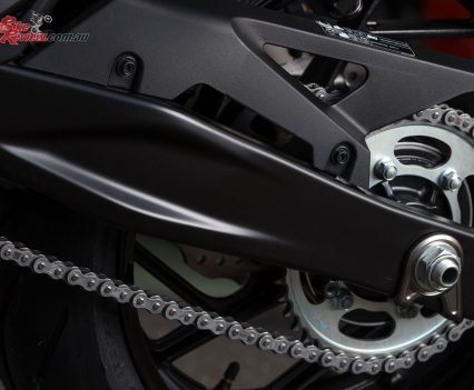 A new sportier swingarm replaces the box-section item