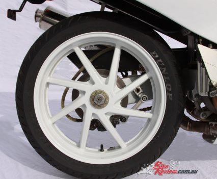 A lightweight single-sided swingarm was particularly exotic