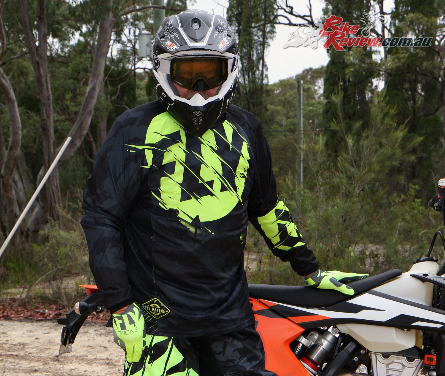 Mark modeling his M2R X-4.5 Helmet and Fly Racing gear