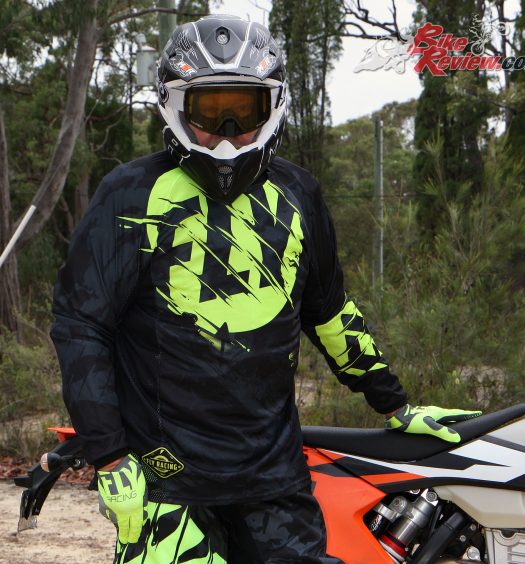 Mark modeling his M2R X-4.5 Helmet and Fly Racing gear