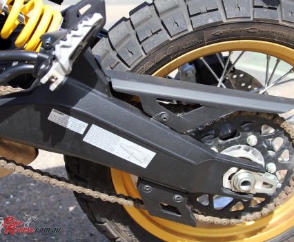 A lengthened swingarm and reinforced frame are just found on the Desert Sled