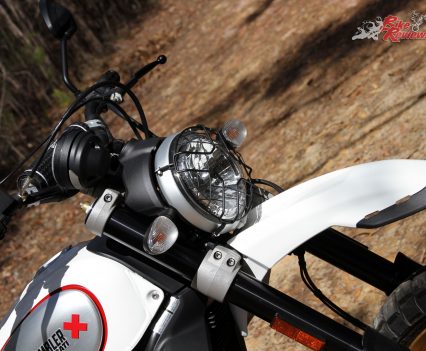 Standard headlight grill looks cool, but is an accessory available to all Scramblers