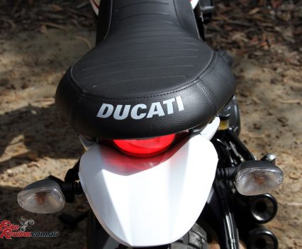 Ducati emblazoned across the back of the seat is very retro