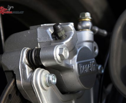 The single-piston rear brake offers a bit more bite and good control for low speeds