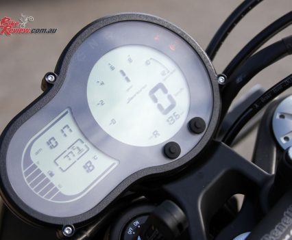 Digital dash is split into two sections and offers everything at a glance, with fuel gauge and gear indicator