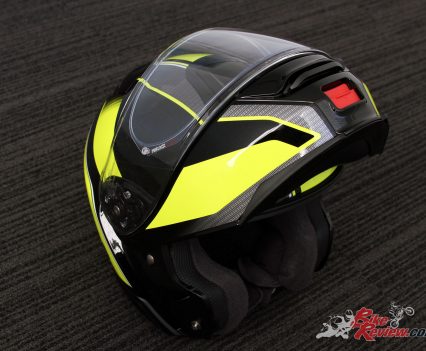 Helmet in flipped-up configuration