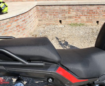 2018 Benelli TRK 502X - A generous seat for the rider is comfortable and quite low compared to the tank and pillion seat.