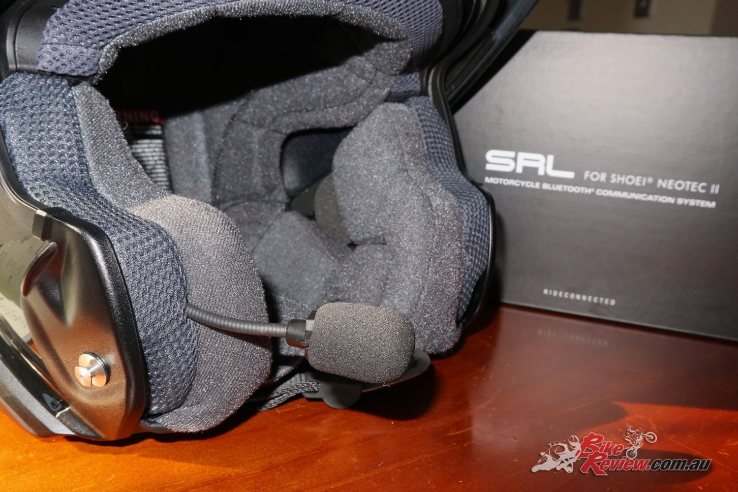 The Sena SRL Communication System fitted to the Shoei Neotec II modular helmet