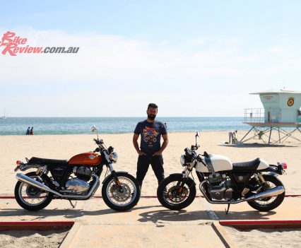 Royal Enfield CEO Sid Lal with both models on the beach at Santa Cruz.