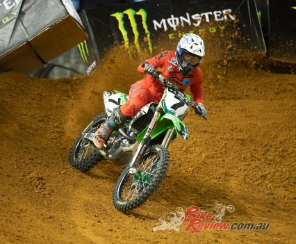 #7 Dylan Long (Empire Kawasaki) during heat races at Round 5 2019 Australian Supercross Championship in Melbourne on November 30 2019 Photo: Marc Jones Photography Marc Jones/Foremist Media Photo information Canon EOS-1D X Mark II Canon EF 70-200mm f/2.8L IS II USM 2.8 1/1250 3200 30NOV19 6:18:04 pm