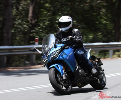 The steering geometry is conservative and stable, the weight low, but the GT can still be punted through the turns at a decent pace and is fun to ride in the twisties.