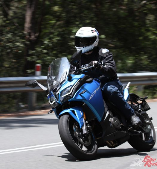 The steering geometry is conservative and stable, the weight low, but the GT can still be punted through the turns at a decent pace and is fun to ride in the twisties.