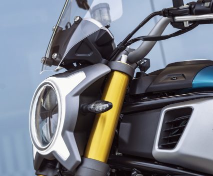 Futuristic LED headlight with mini-windshield.