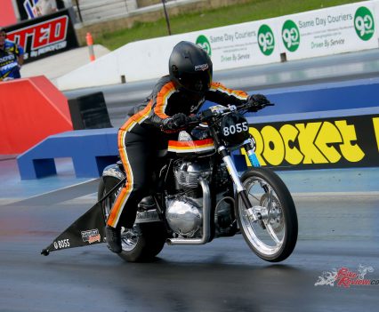 Rider, and team owner, Santina Keith ran a custom built Royal Enfield Continental GT Twin with a stroked 965cc engine in the Modified Bike Class.