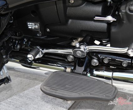 The boxer engine makes for an awkward foot peg setup.