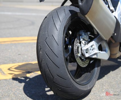 190-section rear tyre, soft rear suspension (Sachs) but well developed and set-up for all-roubnd use.