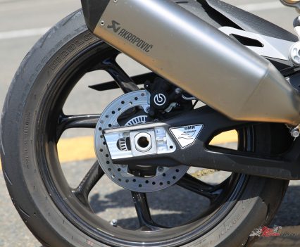 Brembo rear caliper, carbon-fibre wheels.