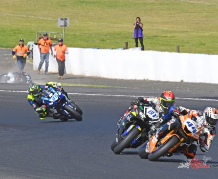 Senna Agius (Honda CBR RR) took Race One victory in Michelin Supersport ahead of Tom Bramich (Yamaha YZF-R6) and Jack Hyde (Yamaha YZF-R6). Photo: A Bear...