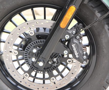 320mm stainless steel floating disc. Brembo radial-mounted four piston caliper.