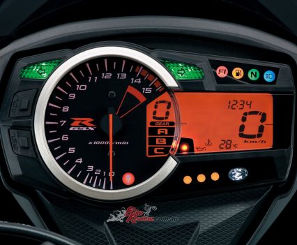 LCD readouts included an odometer, dual trip meters, reserve trip meter, clock, brightness adjustability, coolant temp, oil warning indicator, drive mode selected, gear position speed, rpm, shift lights and a lap timer.