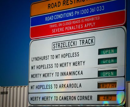 They’re paving the Strzelecki Track, but there’s still a lot to do. This sign at Lyndhurst tells you where it’s safe to go.