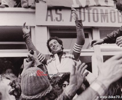 Gerard Debrock en route to the podium on a fans shoulders after winning the 1972 Bol d'Or on the 950SS.