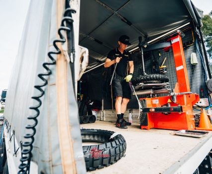 Hoops being swapped from the road tyres to the more aggressive Karoo 4's.