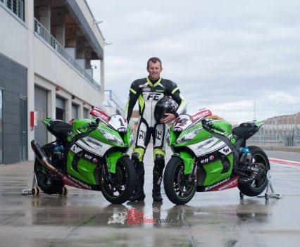 Two-times world champion Andrew Pitt throws a leg over the Tom Sykes 2014 WSBK Ninja ZX-10R...