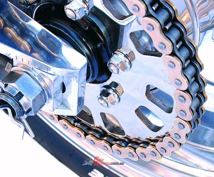 Taller gearing, polished wheels, Bridgestone tyres.