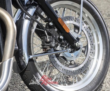 Front brake is sorted by a single 320mm disc, dual piston Brembo with ABS.