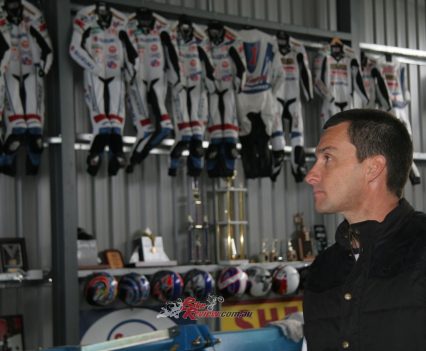 Championship winning leathers and lids in the background!