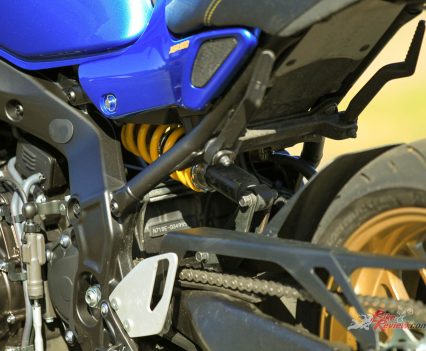 KYB monoshock, adjustable for preload and rebound.