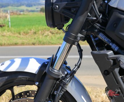 Telescopic front forks with 130mm of travel.