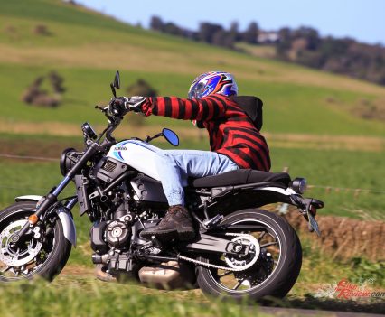 ". The bike is deceptively quite small but that toqurey engine and chunky tyres make it feel like a full-powered monster."