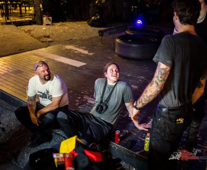 Enjoying a laugh and a cold drink after the night ride, which was rev limiter for 115km of city streets!