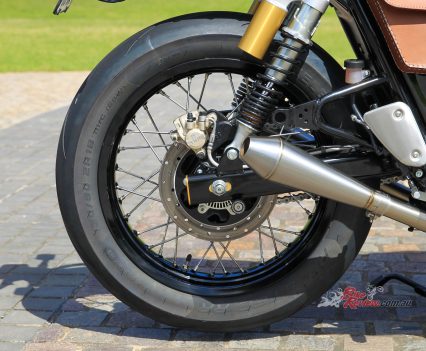 220mm ByBre rear rotor and caliper, stainless braided lines.