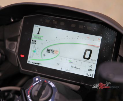 Full-colour TFT dash with phone connectivity.