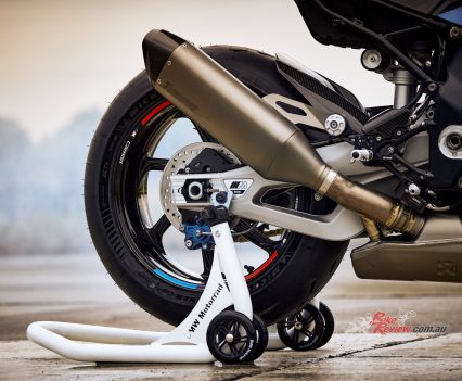 Lightweight exhaust system with titanium manifold, front silencer and rear silencer.