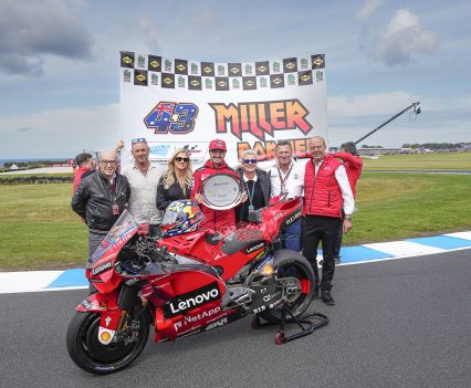 The Miller family with Dorna CEO Carmelo Ezpeleta (L), circuit owner Andrew Fox and AGPC CEO Andrew Westacott (R)