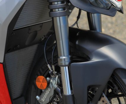 Fully adjustable Showa BPF fork. 43mm chromed inner tubes.